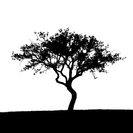 Create a high-resolution image of a stylized black silhouette of a tree against a white background using a Canon EOS R5, 50mm lens, f/1.8 aperture, ISO 100, in natural daylight with soft shadows.