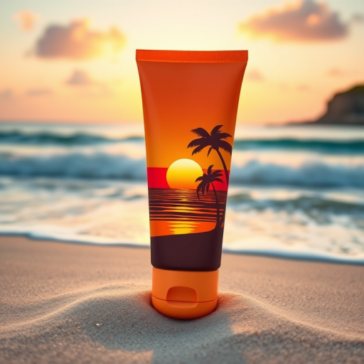 Create a high-resolution vector illustration of a sunscreen tube decorated with a tropical sunset scene, positioned on a sandy beach with rolling waves, using a DSLR camera with a focal length of 50mm, aperture set to f/2.8, ISO 100, natural lighting, and a soft focus background to enhance detail and color vibrancy.