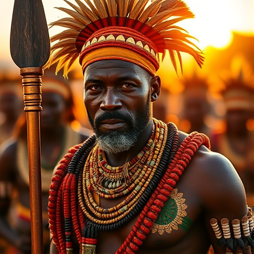 Create an image of a strong African warrior in traditional attire, featuring intricate beadwork and a spear, with a group of warriors in the background, shot in golden hour lighting with a shallow depth of field, using a DSLR camera at f/2.8, ISO 100, 50mm lens, capturing vibrant colors and fine details in the textures.