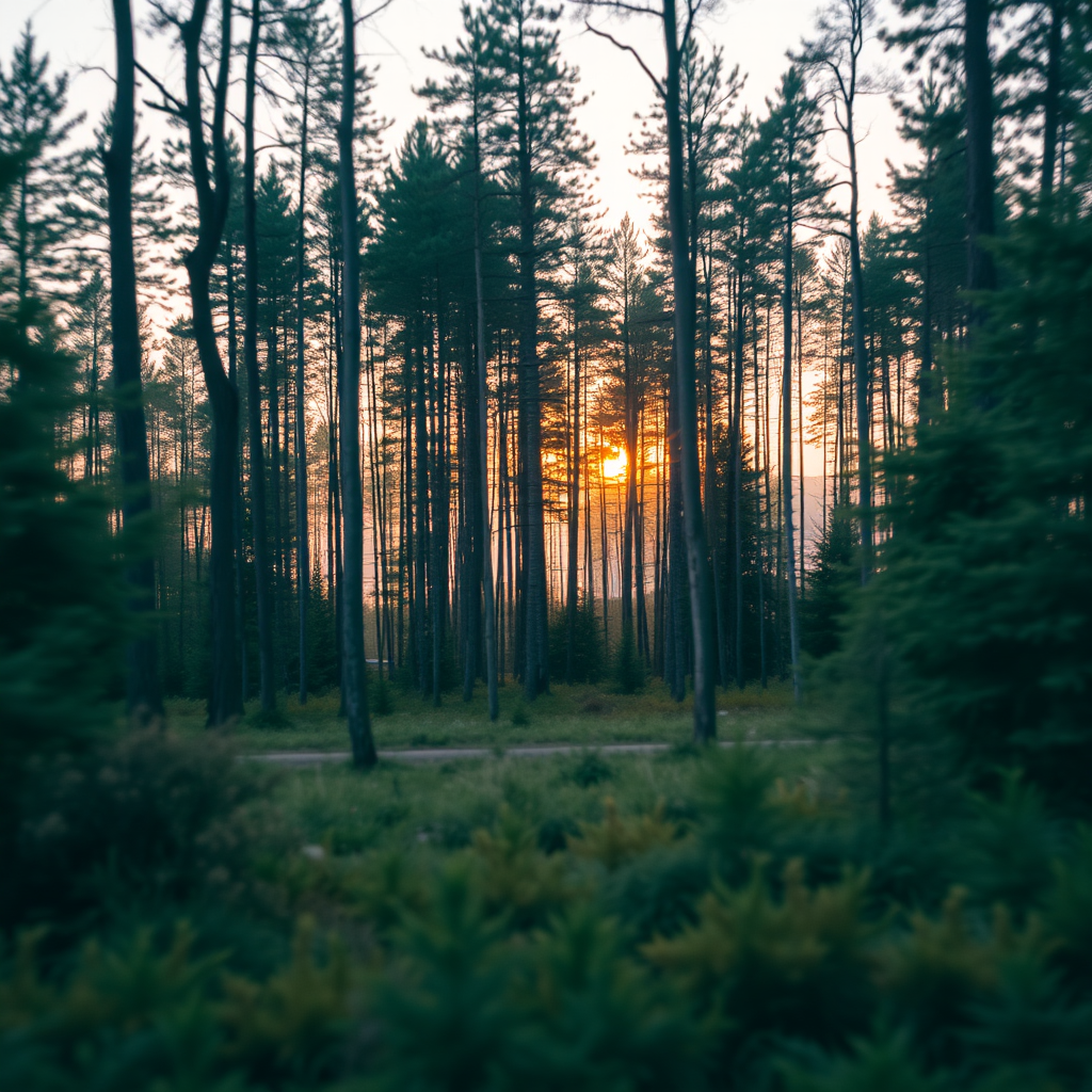 Generate a high-resolution image of a serene forest landscape during sunset, using a Canon EOS R5 with a 24-70mm f/2.8 lens, aperture set at f/8, shutter speed 1/200 sec, ISO 100, wide-angle view, soft focus style for a dreamy effect.