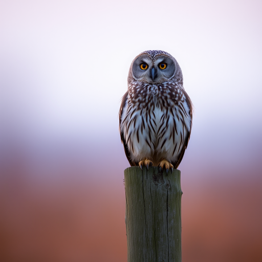 owling perched on a wooden post in a soft-focus natural background, sunrise lighting, sharp focus on the owl's details, ISO 200, aperture f/4, shutter speed 1/250s, DSLR camera, 85mm lens, natural light photography