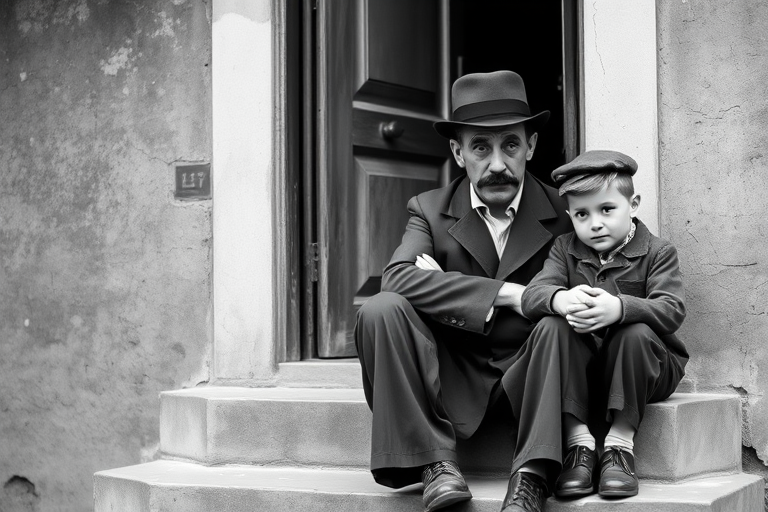 A black-and-white photograph of a man and a child sitting on steps in front of a doorway. The man is dressed as a tramp with a bowler hat, mustache, and ragged clothes, reminiscent of Charlie Chaplin's iconic look. He is sitting with his arms crossed and an expression of slight sadness or frustration. Next to him is a young boy, also in worn clothes and a cap, sitting with his hands clasped, looking thoughtful. The background is an old, textured wall and a partially open door, creating a vintage, early 20th-century atmosphere.