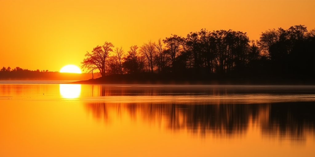sunset over a calm lake with silhouetted trees reflecting in the water, soft focus, warm tones, wide angle, f/8 aperture, ISO 100, 1/125 sec, DSLR camera, landscape orientation