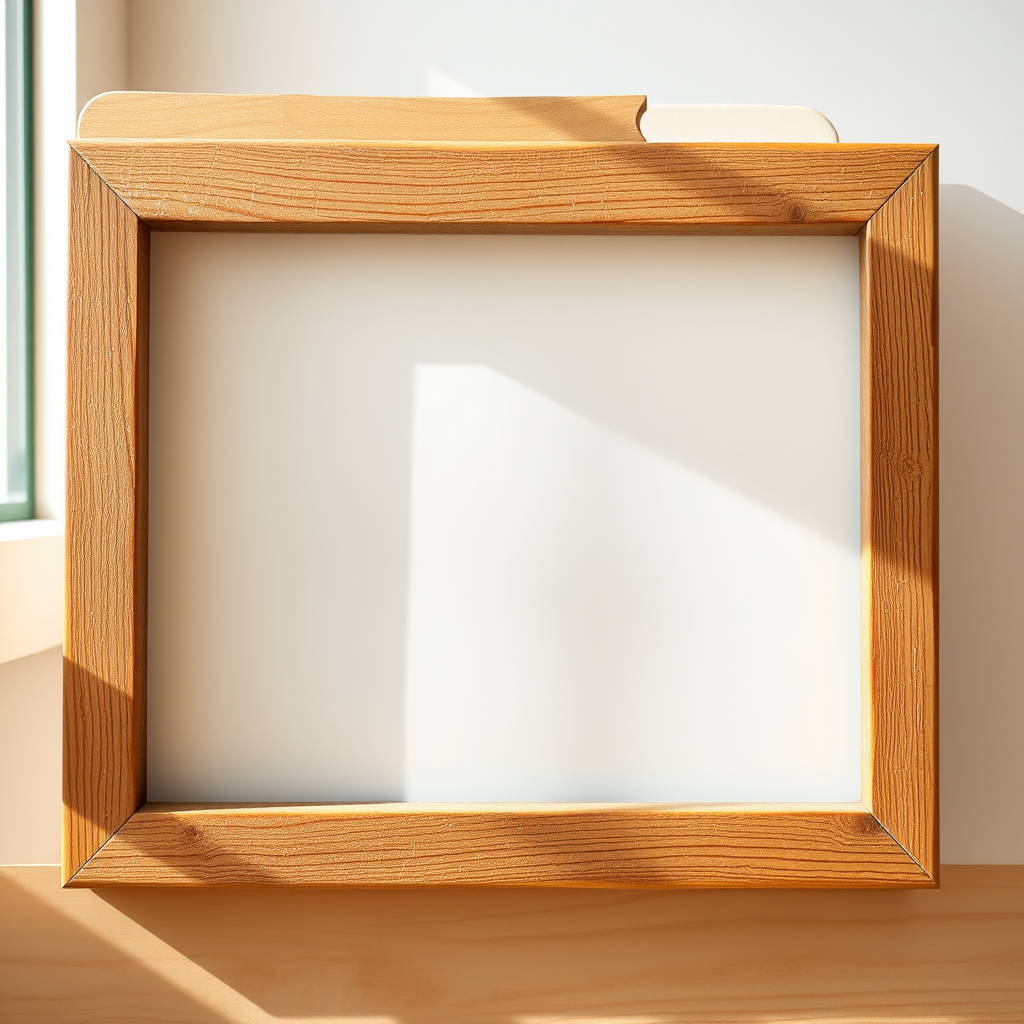 Create a blank image with a wooden frame, using a 50mm lens, aperture set to f/1.8, ISO 100, and a slight vignette effect, captured in soft natural light from the left side, in a high-resolution DSLR format.