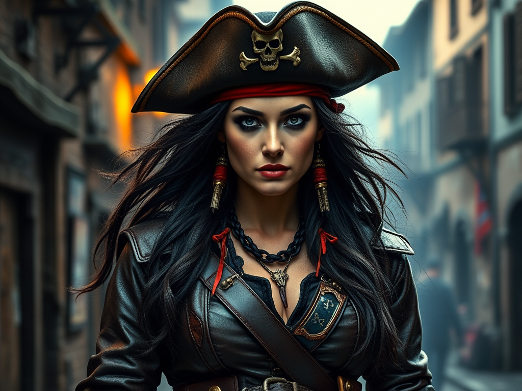Create a portrait of a fierce female pirate. She wears a leather tricorn hat adorned with a skull and crossbones emblem, and her long, dark hair flows around her face. Her outfit consists of a richly detailed leather jacket, a corset, and multiple layers of belts and accessories, giving her a formidable and stylish appearance. She stands confidently in a dimly lit, historic port town, with a backdrop of weathered buildings and cobblestone streets, capturing the adventurous spirit of a pirate.