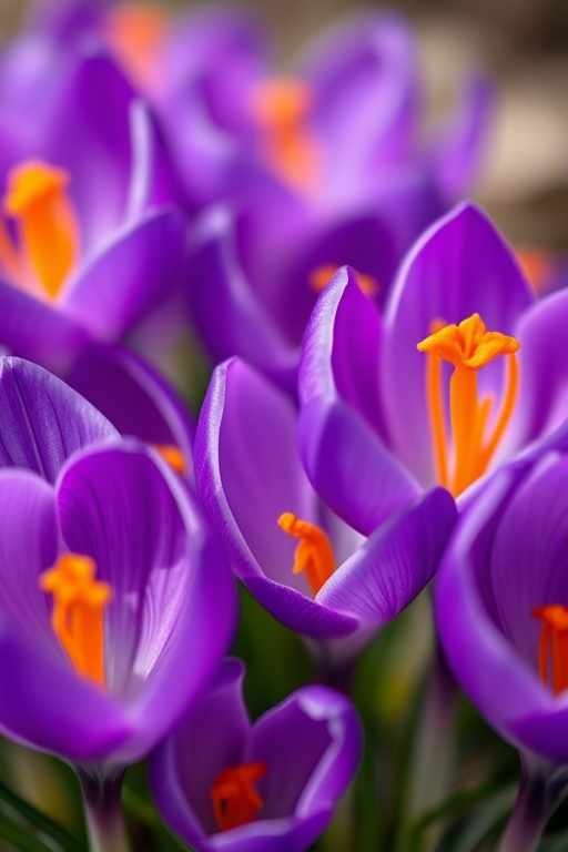 macro shot of vibrant purple crocuses with orange stamens, shallow depth of field, f/2.8 aperture, ISO 100, 50mm lens, soft natural light, close-up view