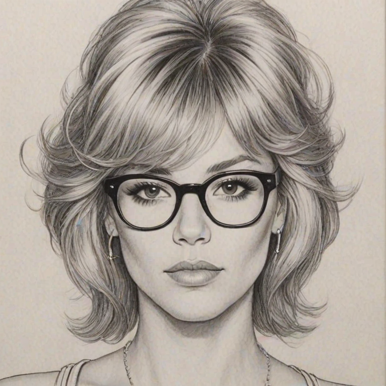 Bewitching Kimberly Caldwell, pencil sketch, portrait of Enticing woman 1980s in glasses, hair style beatnik, outline, clear lines, fine lines, 8k