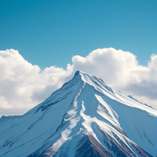 Regenerate a high-resolution image of a snow-covered mountain peak under a blue sky with fluffy clouds, using a DSLR camera, 24mm lens, f/8 aperture, ISO 100, and a wide-angle perspective to enhance clarity and depth.