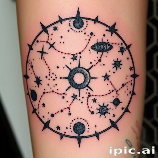 Pointillism tattoo called "Constellation Map" showcasing intricate star patterns and celestial bodies created entirely with tiny dots of varying sizes and densities