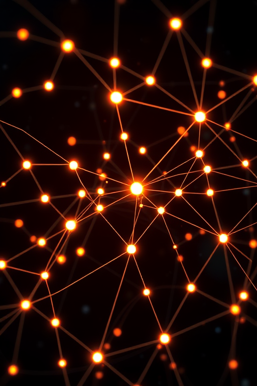 High-tech abstract network design with glowing nodes and lines on a dark background, captured with a DSLR camera, 50mm lens, f/1.8 aperture, ISO 100, 1/125s shutter speed, top-down view, enhanced contrast and clarity.