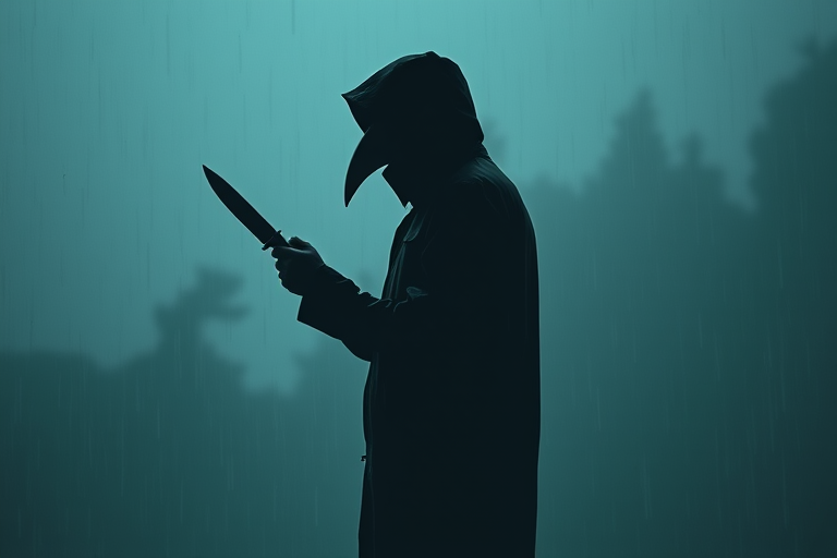 Create a silhouette of a figure in a raincoat with a beaked mask, holding a knife, standing in the rain, in a minimalist style, shot with a Canon EOS R5, 50mm f/1.2 lens, aperture f/2.8, ISO 100, 1/125 sec shutter speed, side view perspective, high saturation and contrast for a dramatic effect.
