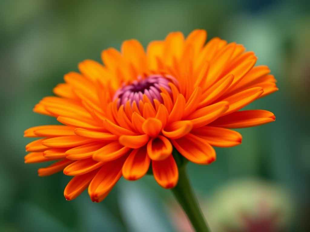 Close-up of a bright orange chrysanthemum flower, soft focus background, natural light, aperture f/2.8, ISO 100, 50mm lens, DSLR camera, macro photography style.