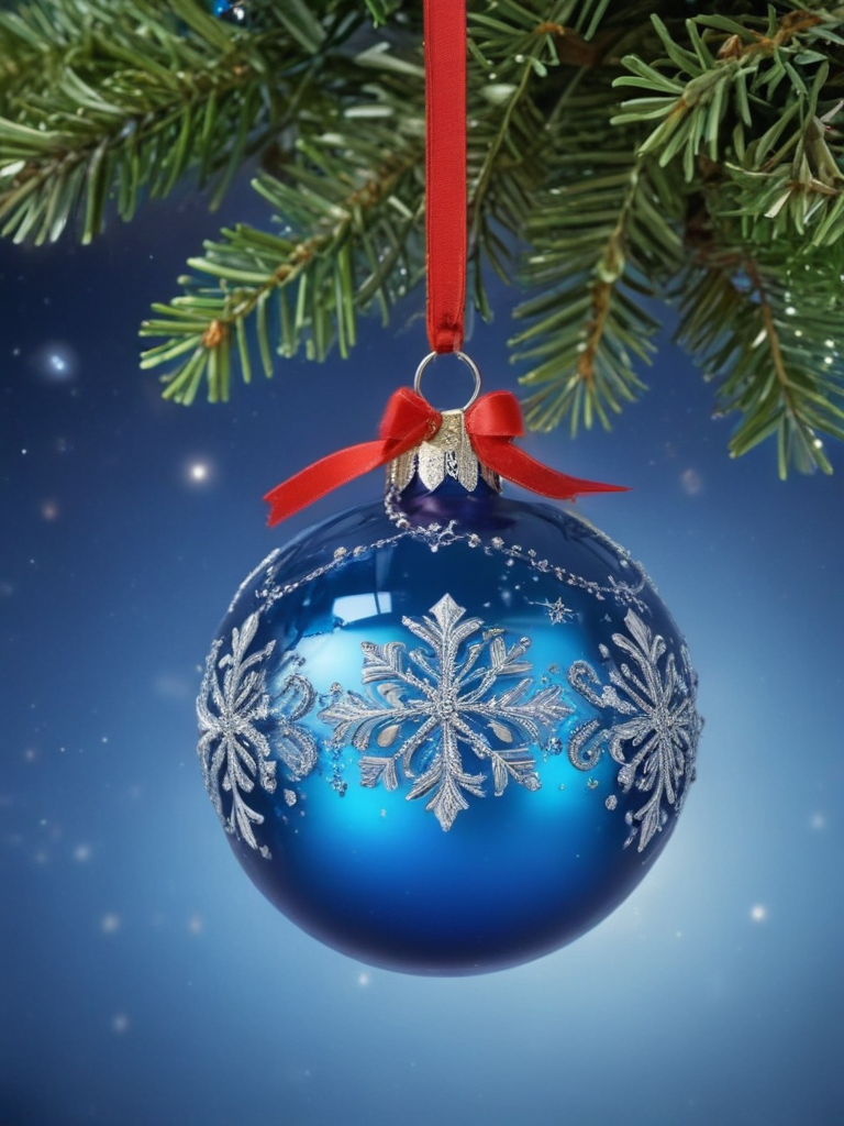 Beautiful Blue Christmas Ornament Hanging from a Frosty Evergreen Branch