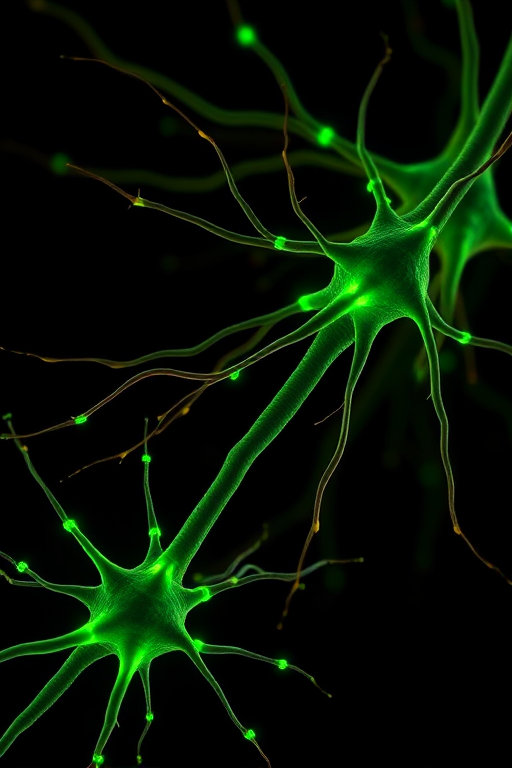 Generate a high-resolution image of a neuron with long axons and glowing green synapses on a black background, using a Canon EOS 5D Mark IV with a 50mm f/1.8 lens, aperture set to f/2.8 for shallow depth of field, ISO 100, and a shutter speed of 1/200 sec, ensuring a detailed and vibrant representation of the structure.