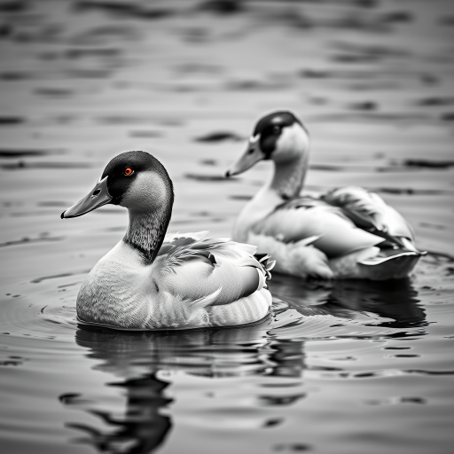 Capture a high-contrast black and white image of two ducks swimming in calm water, using a Canon EOS R5 with an aperture of f/4, shutter speed of 1/500 sec, ISO 200, portrait view, and a shallow depth of field to emphasize the details of the ducks' feathers and expression.
