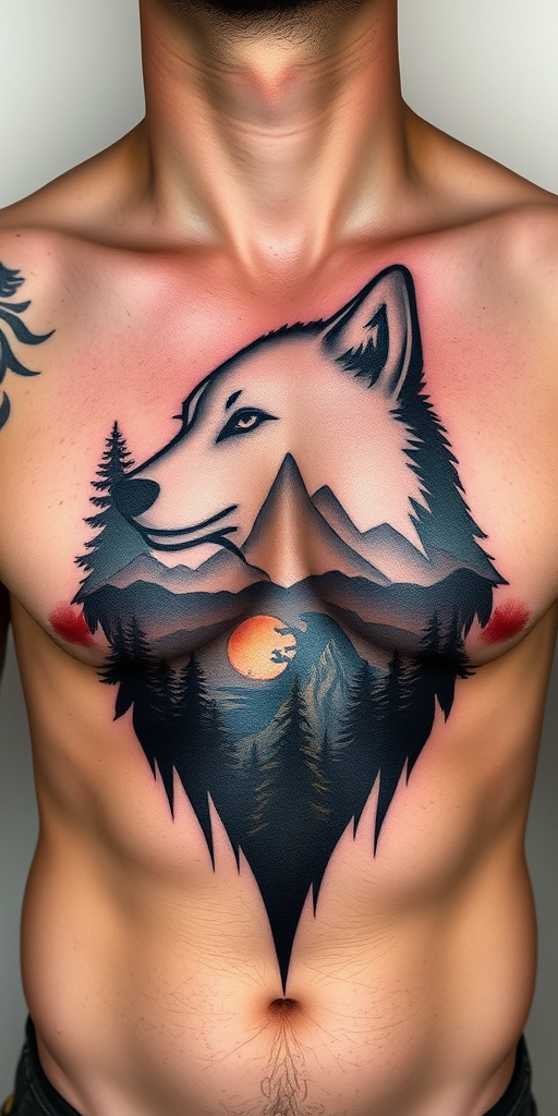 Striking negative space tattoo on the chest and shoulders revealing a scenic landscape within the silhouette of a wolf with precise linework and shading