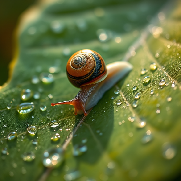 Sharp, high-resolution close-up of a snail slowly making its way across a dewy leaf, soft light reflecting off its slimy trail, tiny details of the leaf's veins visible, and the quiet stillness of the moment.