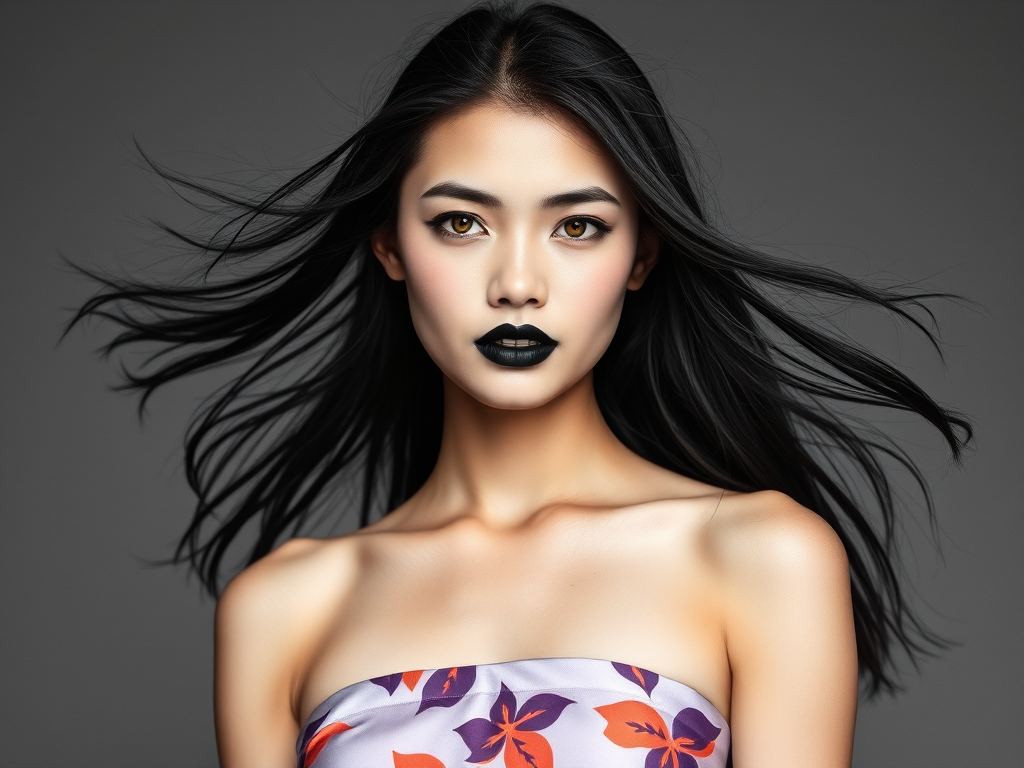 Photographic image of a beautiful young Thai woman, Yellow eyes, lips with black lipstick, long hair fluttering in the wind and wearing a silk strapless dress with a soft purple and orange print. monochrome image with only color highlights in the iris of the eyes, lipstick and dress. Gray background.
