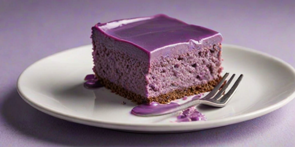 Create an image of a slice of purple dessert on a plate, featuring a smooth, glossy frosting on top. The dessert should have a light, fluffy texture and be presented with a fork beside it. The background should be simple and softly lit to highlight the dessert.