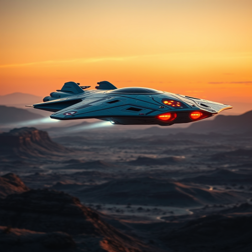 futuristic spaceship design flying low over an alien landscape at dusk, high dynamic range, ISO 100, f/8 aperture, 1/250 sec shutter speed, 24mm lens, wide-angle view, captured with a DSLR camera