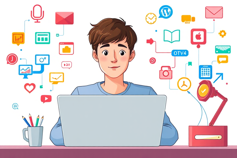 Create a digital illustration of a young man with short brown hair sitting at a desk with a laptop, surrounded by colorful icons representing technology and communication, using a Canon EOS R camera, shot in portrait mode, f/2.8 aperture, ISO 100, and a 50mm lens to enhance image quality with vibrant colors and sharp details.