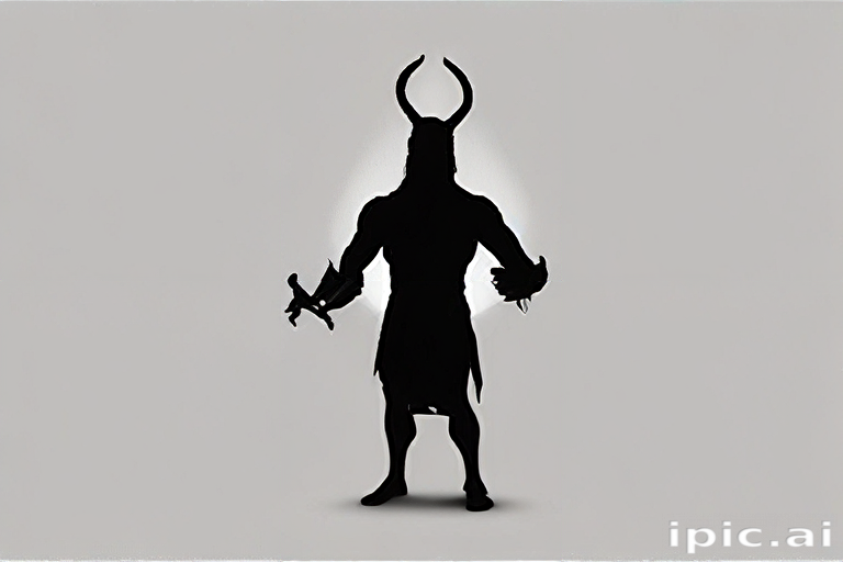 Silhouette of a Powerful Warrior with Horns Holding a Sword