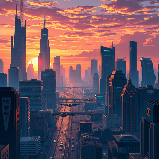 Create a highly detailed illustration of a futuristic city skyline at sunset, featuring towering skyscrapers with neon lights, bustling streets filled with flying vehicles, and a vibrant sky with orange and purple hues, using a DSLR camera with a 24mm lens, aperture set to f/8, ISO 200, and a shutter speed of 1/60 seconds, shot from a high vantage point with a wide-angle perspective.