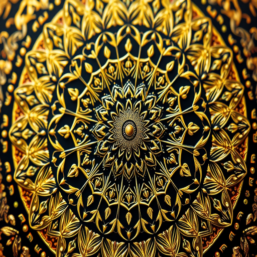 Create an intricate gold and black mandala pattern featuring ornate details and symmetrical designs, captured with a Canon EOS R5 at f/8, 1/200s, ISO 100, with a macro lens in a top-down view to enhance texture and detail.