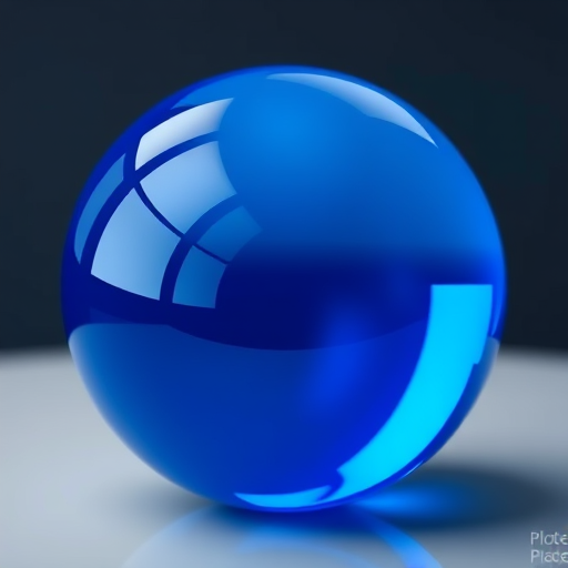 Create an ultra-realistic image of a shiny blue orb with reflections, using a DSLR camera, 50mm lens, f/1.8 aperture, ISO 100, shot from a slight above angle, with soft lighting to enhance depth and clarity.