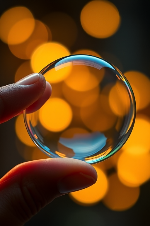 A highly detailed close-up of a hand holding a reflective bubble with soft bokeh lights in the background, taken with a Canon EOS R5, 85mm lens, f/1.8 aperture, ISO 100, 1/200 sec exposure, with dramatic lighting and high contrast to emphasize the bubble's surface.