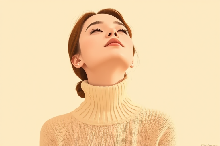create a minimalist illustration of a woman with her head tilted back, wearing a high-neck sweater in an orange and cream color scheme, using a soft focus lens, shallow depth of field, ISO 100, aperture f/2.8, 50mm lens, natural lighting for a smooth and elegant look