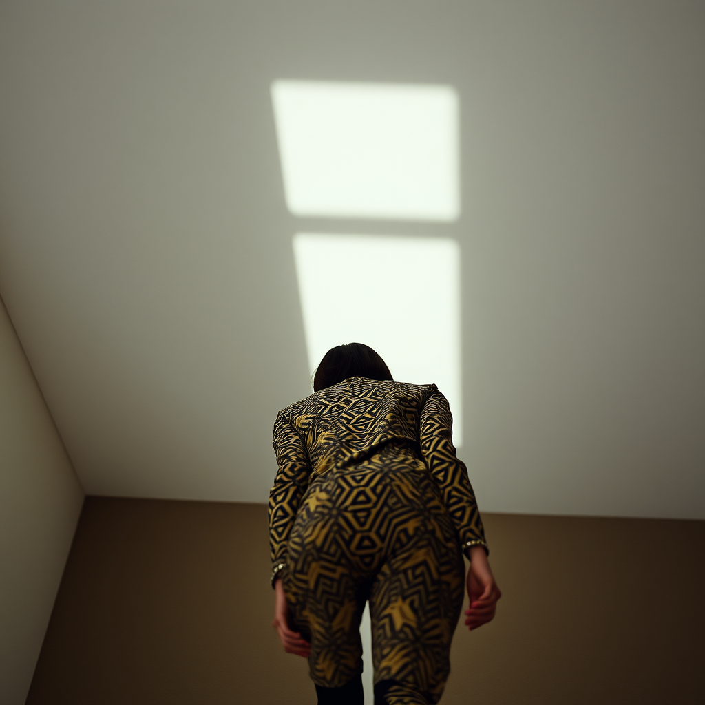 Capture the model from a high angle, emphasizing the outfit’s pattern and silhouette. Use a 35mm prime lens to maintain sharpness and minimize distortion