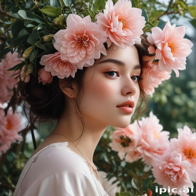 Enchanting Portrait of a Young Woman Surrounded by Blooming Flowers