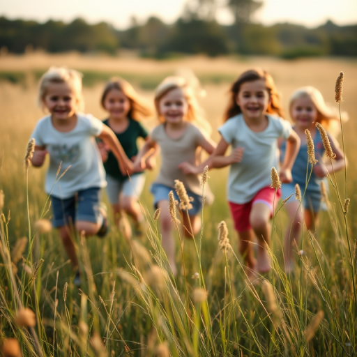 Blurry candid shot of a group of children running through a field of tall grass, their laughter barely audible, with soft evening light casting long shadows and wildflowers swaying in the breeze.