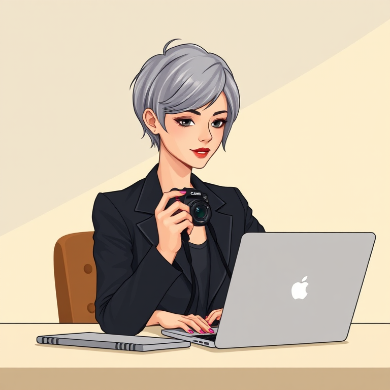 Generate an illustration of a young woman with short gray hair in a stylish black blazer, sitting at a desk working on a laptop, using a Canon EOS R5 camera with a 50mm lens, f/2.8 aperture, ISO 100, soft natural light, with a focus on clean lines and vibrant colors.
