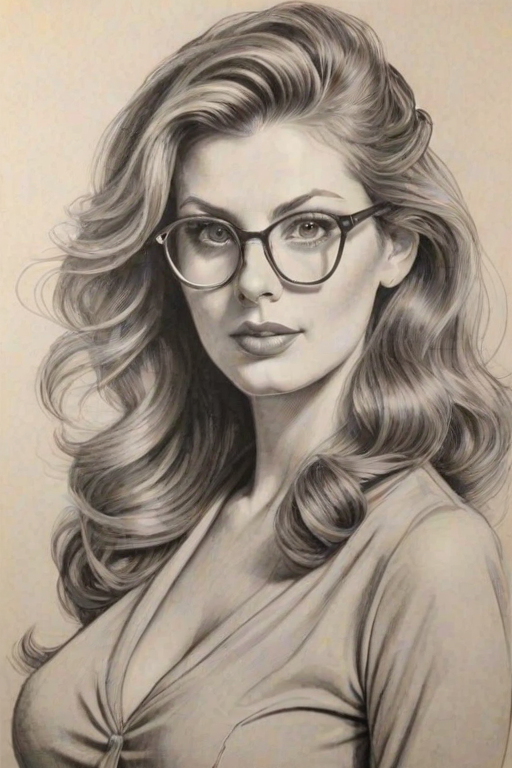 Enticing Diora Baird, pencil sketch, portrait of Graceful woman 1942s in glasses, hair style beatnik, outline, clear lines, fine lines, 8k