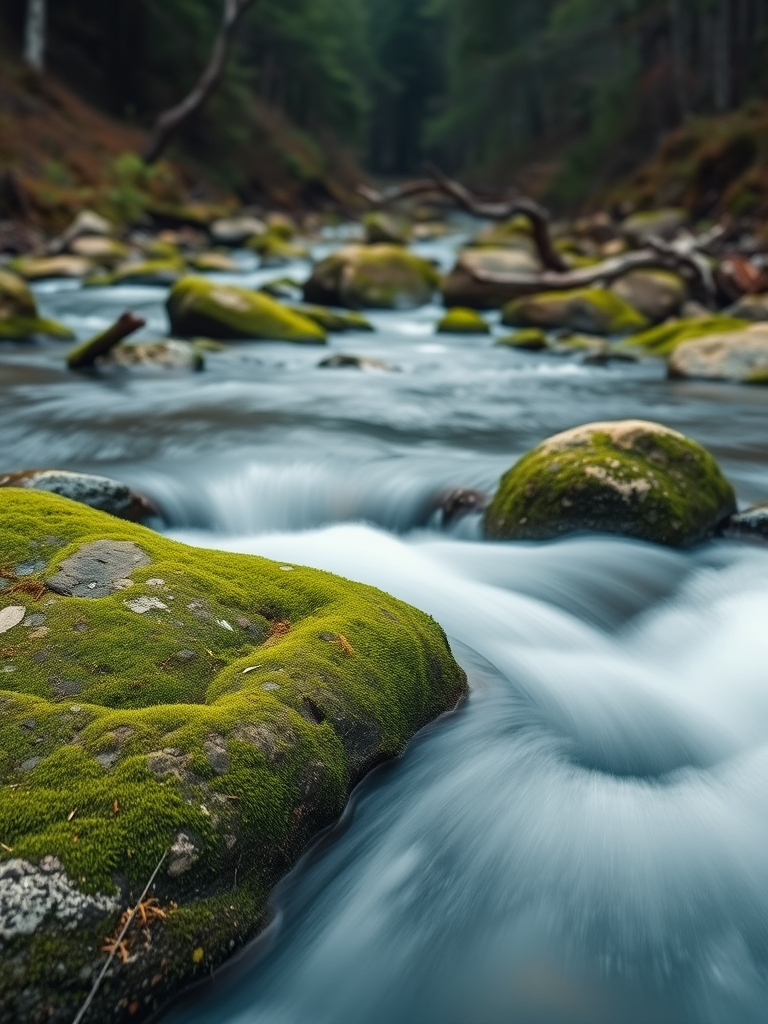 a serene landscape of a flowing river with mossy rocks, soft focus, long exposure to capture silky water movement, 16-35mm lens at f/11, ISO 100, tripod mounted, natural light in a forested setting.
