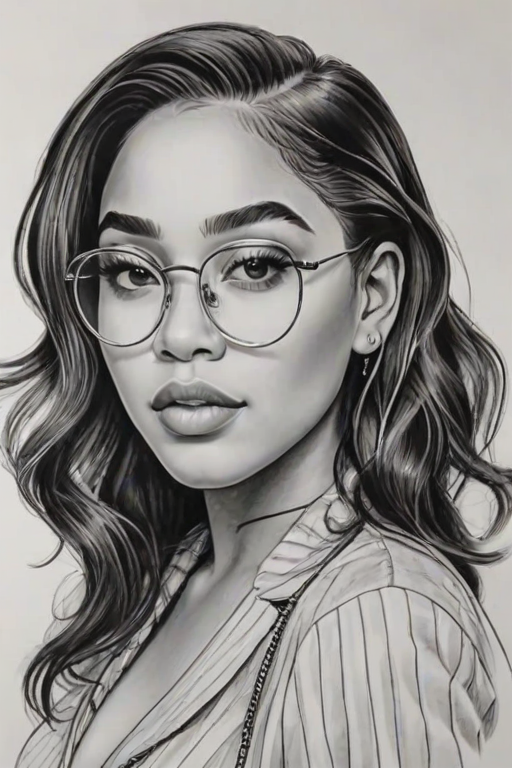 Exquisite Jordyn Woods, pencil sketch, portrait of Stunning woman 1948s in glasses, hair style beatnik, outline, clear lines, fine lines, 8k