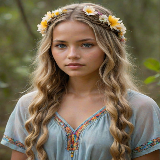 Create an image of a young Guarani woman with long, wavy blonde hair, adorned with small, colorful flowers woven into her braids and loose strands. Her complexion is fair, with soft, glowing skin, and she has light blue eyes that gaze softly at the viewer. She wears a light, flowing dress with a gentle, ethereal quality, complementing her delicate and serene appearance. The background is slightly blurred, drawing focus to her tranquil expression and the intricate details of the flowers in her hair. The overall mood of the image is one of natural beauty and grace, evoking a sense of peacefulness and connection with nature.