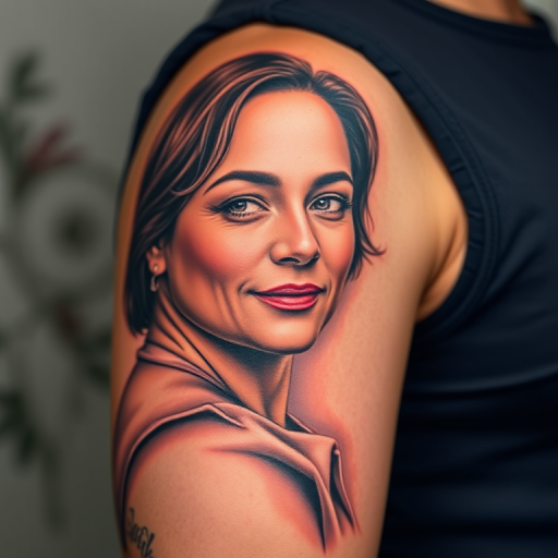 Photorealistic color portrait tattoo of a loved one on the upper arm, capturing every detail with lifelike precision and subtle color gradients