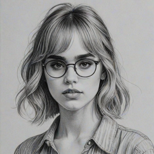 Enticing Suki Waterhouse, pencil sketch, portrait of Superb woman 1925s in glasses, hair style beatnik, outline, clear lines, fine lines, 8k