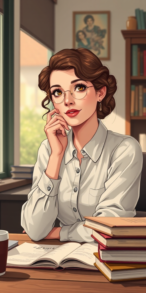 Create a high-resolution illustration of a vintage woman with a thoughtful smile, sitting at a desk with books, using a Canon EOS R5, 50mm lens, f/1.8 aperture, 1/250 sec shutter speed, natural soft lighting, and a shallow depth of field for a dreamy effect.