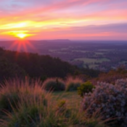 Create a high-resolution image of a serene landscape at sunrise, with vibrant colors, wide-angle view, f/11 aperture, ISO 100, 24mm focal length, and use a DSLR camera with a soft focus effect.