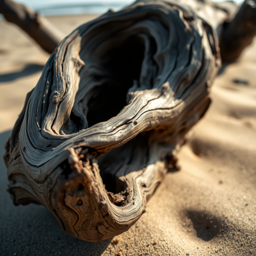 Capture a highly detailed close-up of a twisted, weathered log on a beach, with soft natural lighting, using a full-frame DSLR camera at f/2.8, 50mm lens, ISO 100, and a low angle perspective to emphasize the texture and curves of the wood.