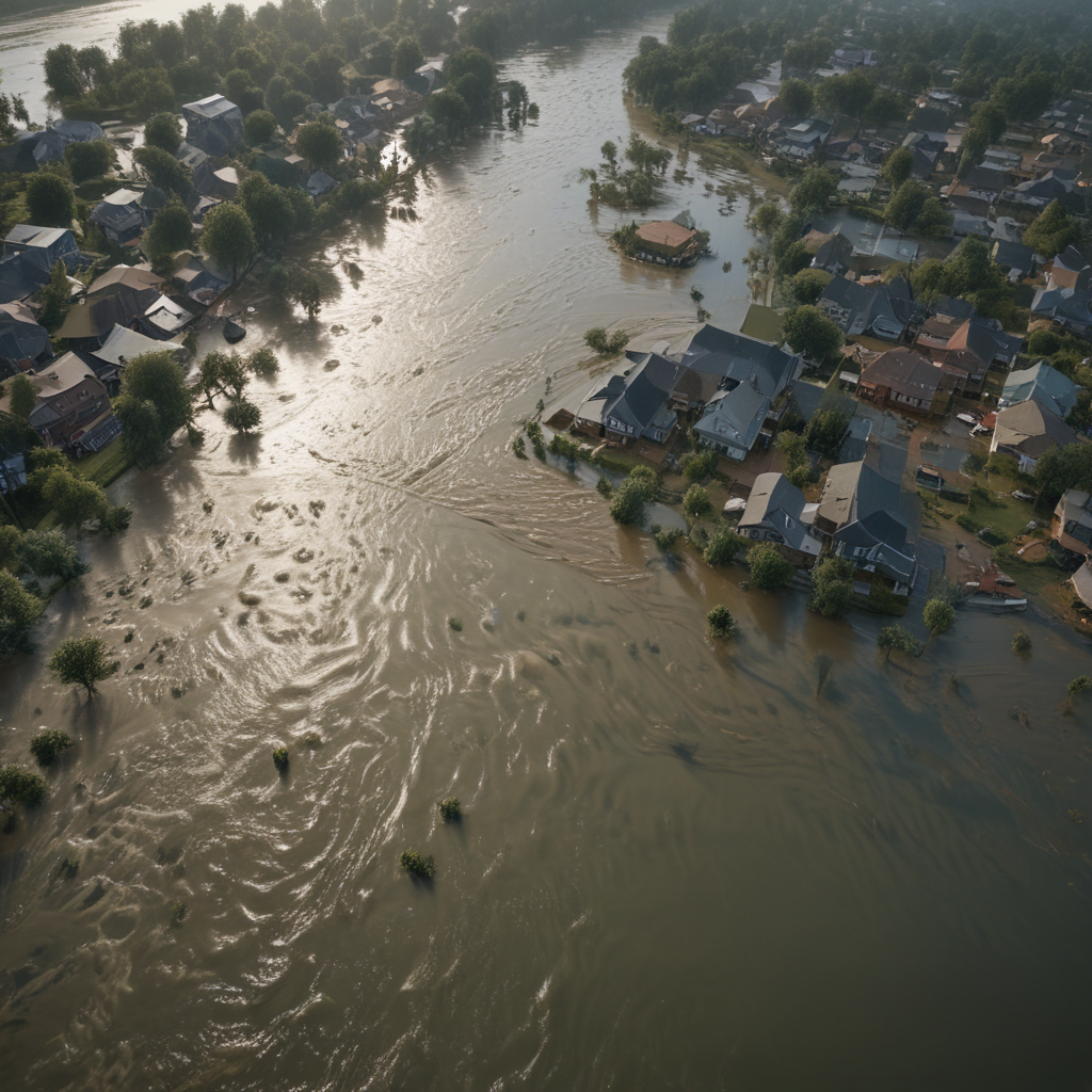 Aerial View of Homes Surrounded by Floodwaters in Residential Area