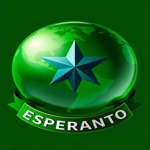 Create an image of a green globe with a prominent five-pointed star in the center and the word "ESPERANTO" boldly displayed on a ribbon beneath it, shot with a Canon EOS 5D Mark IV at f/8, ISO 100, 50mm lens, in high resolution, with a sharp focus and vibrant colors.
