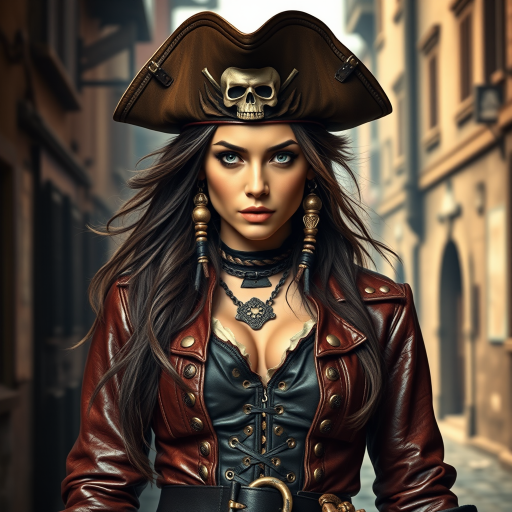 Create a portrait of a fierce female pirate. She wears a leather tricorn hat adorned with a skull and crossbones emblem, and her long, dark hair flows around her face. Her outfit consists of a richly detailed leather jacket, a corset, and multiple layers of belts and accessories, giving her a formidable and stylish appearance. She stands confidently in a dimly lit, historic port town, with a backdrop of weathered buildings and cobblestone streets, capturing the adventurous spirit of a pirate.