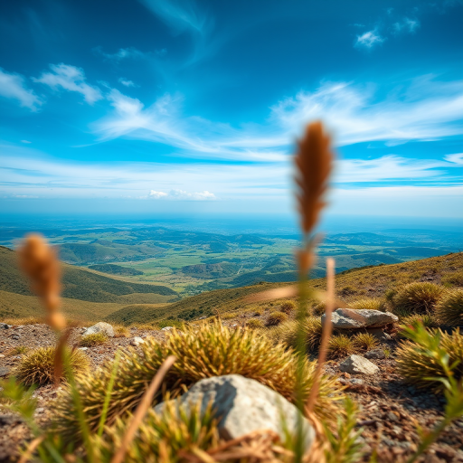 Create a high-resolution image of a scenic landscape with vibrant colors, using a Canon EOS R5 camera, aperture f/8, ISO 100, shutter speed 1/250 sec, 24mm lens, shot from a low angle to emphasize foreground elements and a dynamic perspective.