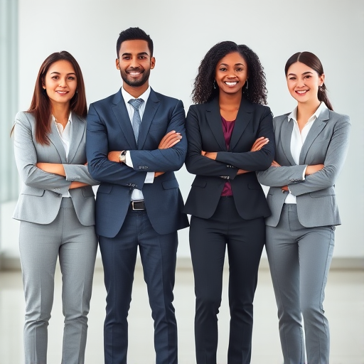 Create a digital illustration of four business professionals standing confidently with arms crossed, diverse in gender and ethnicity, high-resolution, shot with a DSLR at f/2.8 aperture, 50mm lens, natural lighting, 1/100s shutter speed, focus on the subjects with a blurred background for a professional appearance.