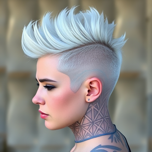 Striking platinum blonde undercut known as "Arctic Rebel" with intricate geometric patterns shaved into the sides, topped with a voluminous quiff and icy blue streaks